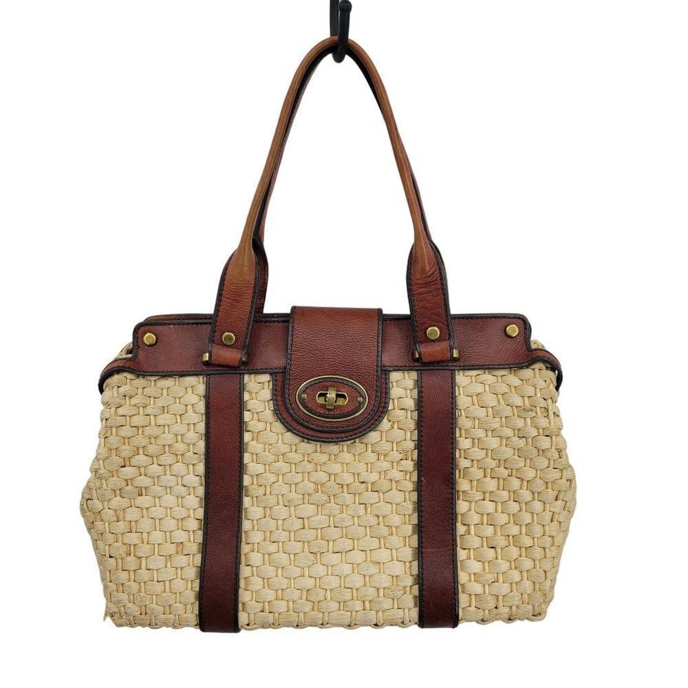 Vintage Fossil Basket Shoulder‎ Bag Weaved Straw Leather Trim Handbag Dr. Bag